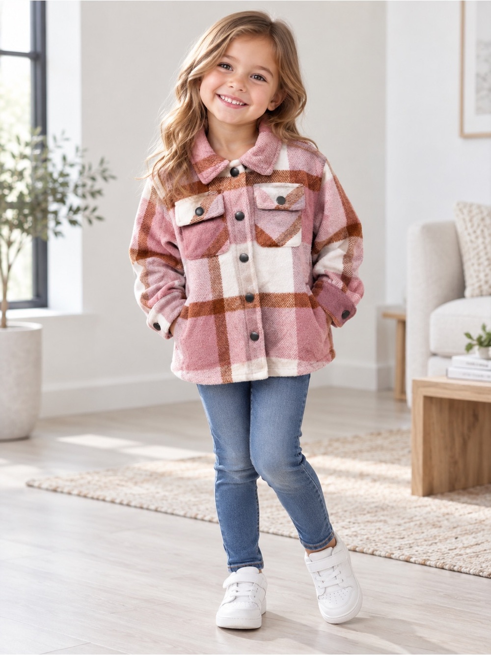 Girls' Plaid Button-Front Jacket in Pink and Cream
